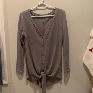 Grey knit long sleeve tie shirt